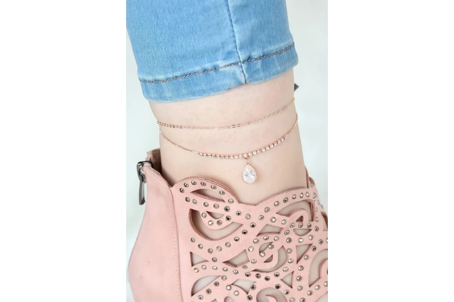 Shoecide Rose Renk Çift Zincirli Damla Taşlı Hal Hal