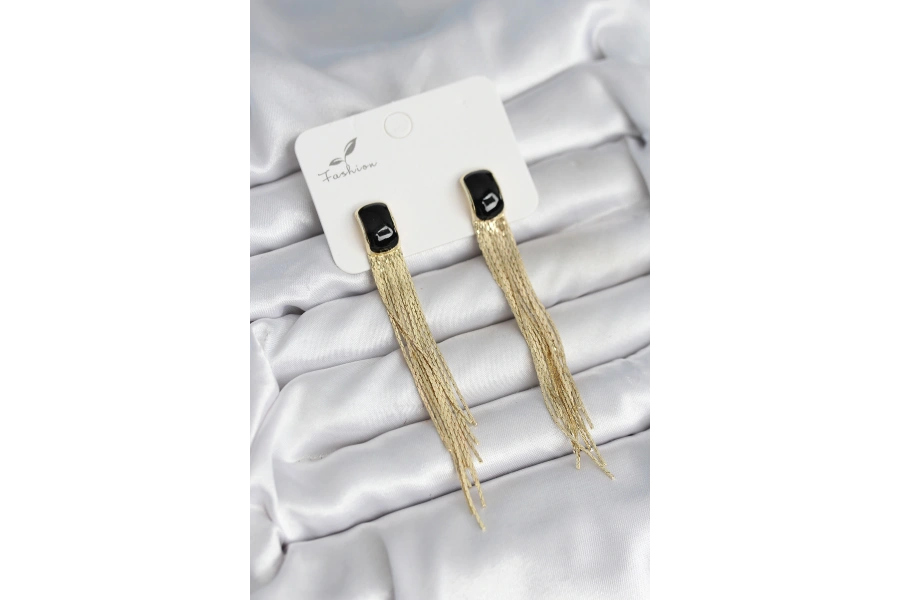 Shoecide Sallantılı Siyah Mineli Gold Renk Kadın Küpe