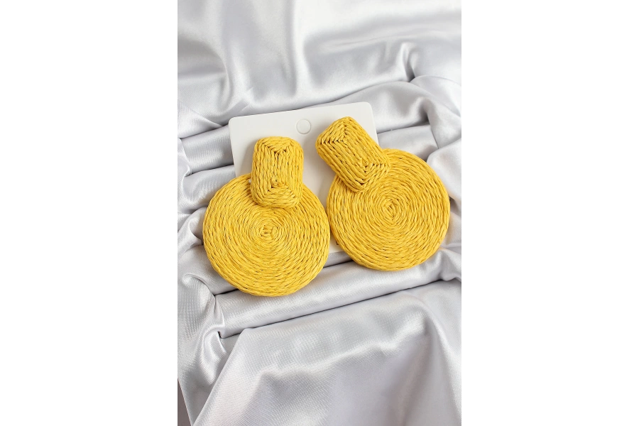 Shoecide Sarı Daire Figürlü Hasır Örgü Model Gold Renk Kadın Küpe
