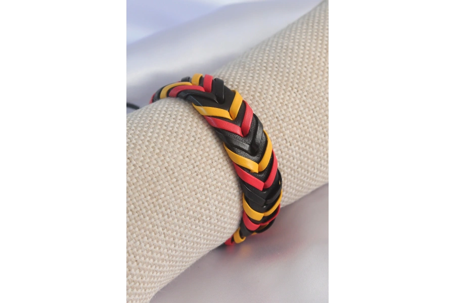 Shoecide Sarı Kırmızı Siyah Renk Deri İpli Erkek Bileklik