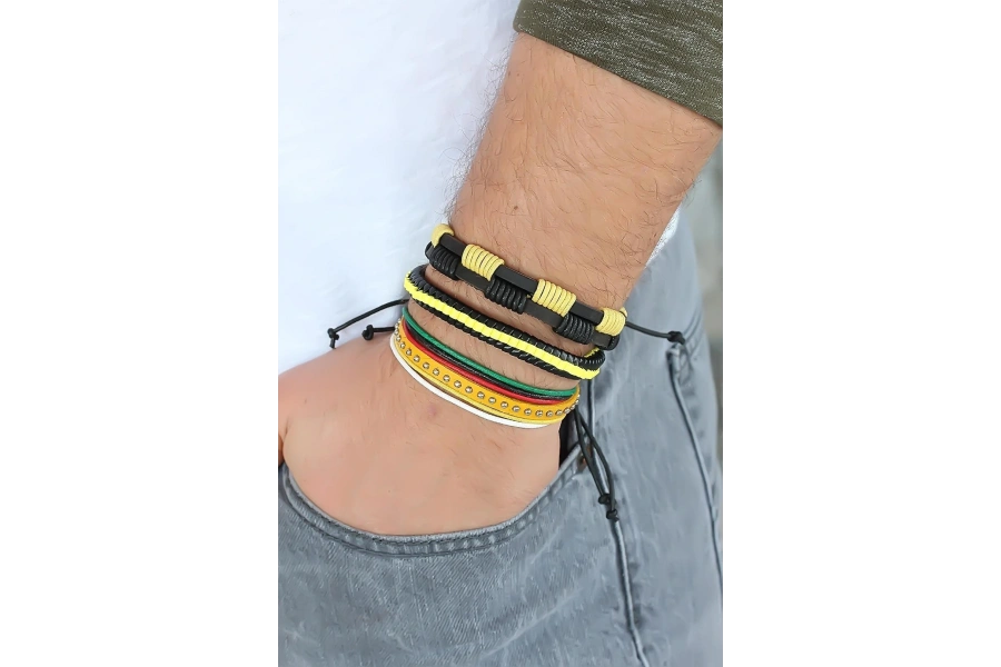 Shoecide Sarı Renk Zımbalı Deri Erkek Bileklik Kombini