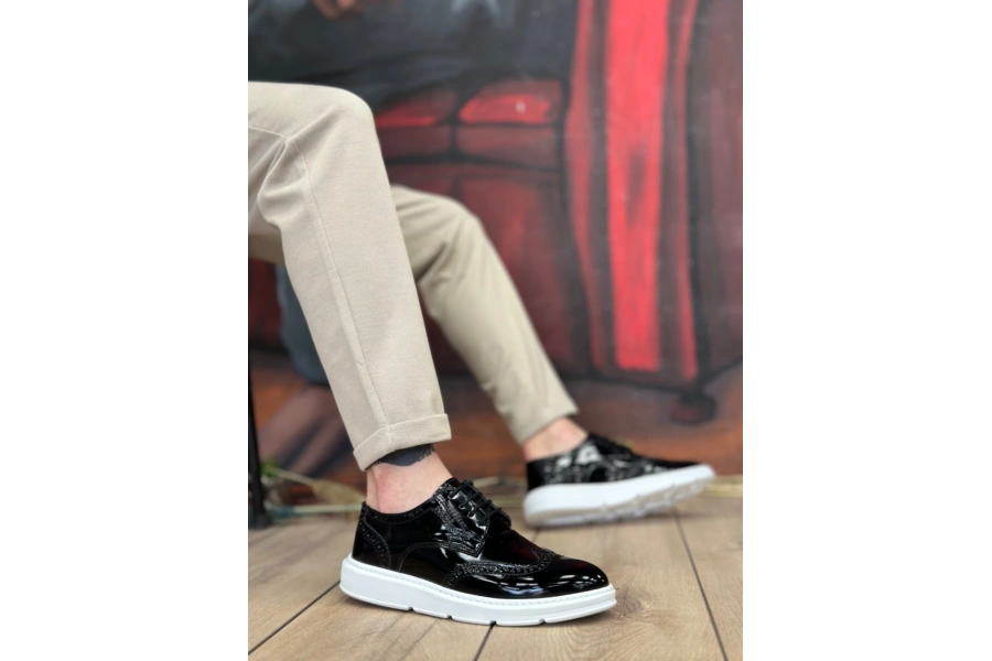 Shoecide Sb0003 Bağcıklı Klasik  Siyah Beyaz Taban Rugan Yüksek Taban Casual Erkek Ayakkabı