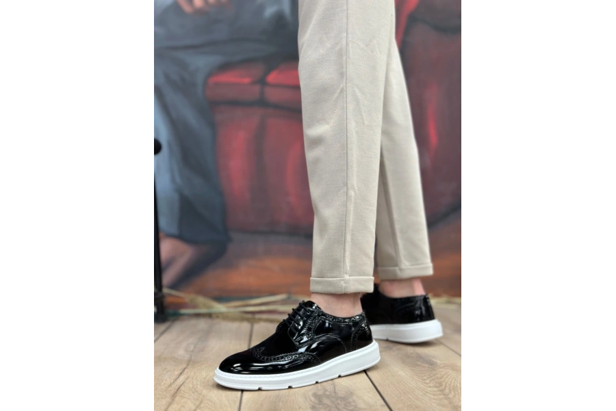 Shoecide Sb0003 Bağcıklı Klasik  Siyah Beyaz Taban Rugan Yüksek Taban Casual Erkek Ayakkabı
