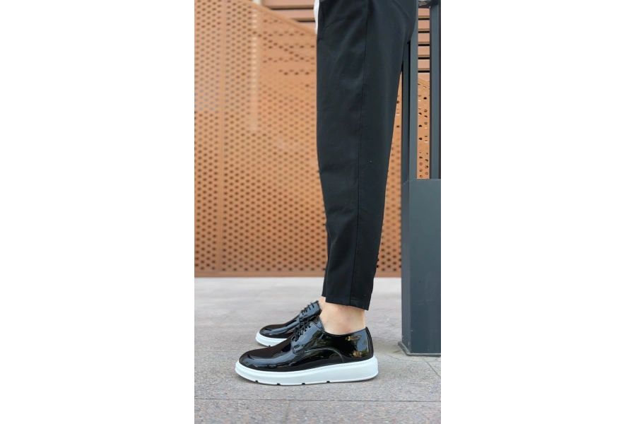 Shoecide Sb0003 Bağcıklı Klasik  Siyah Rugan Yüksek Taban Casual Erkek Ayakkabı