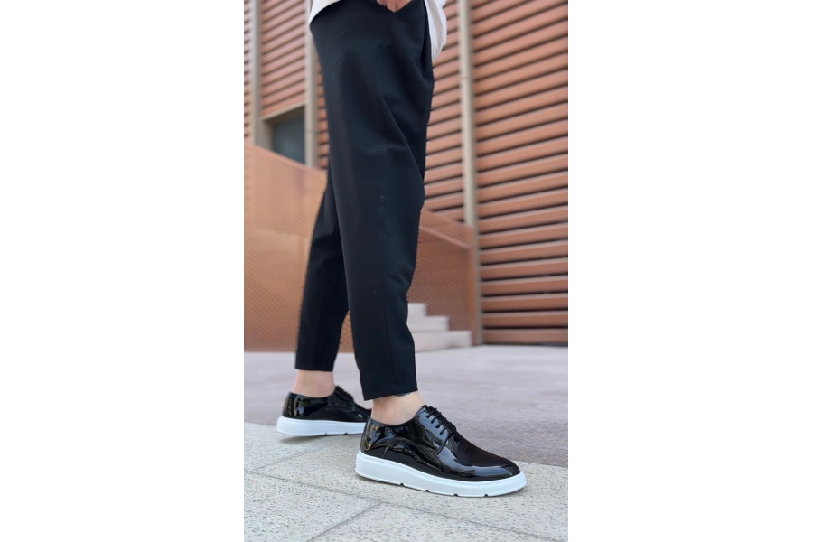 Shoecide Sb0003 Bağcıklı Klasik  Siyah Rugan Yüksek Taban Casual Erkek Ayakkabı