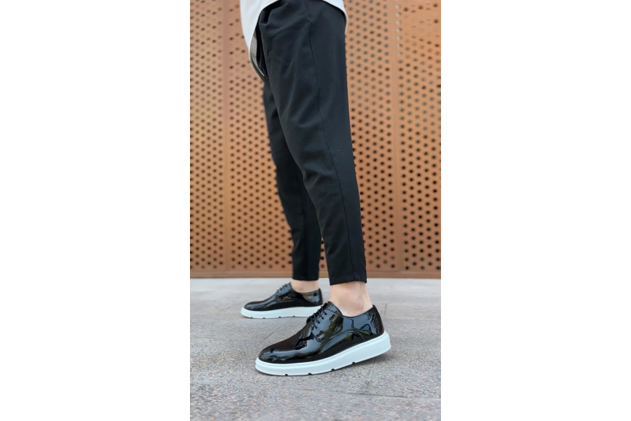 Shoecide Sb0003 Bağcıklı Klasik  Siyah Rugan Yüksek Taban Casual Erkek Ayakkabı