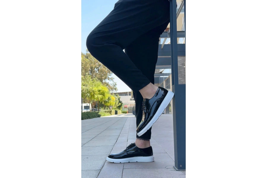 Shoecide Sb0003 Bağcıklı Klasik  Siyah Rugan Yüksek Taban Casual Erkek Ayakkabı