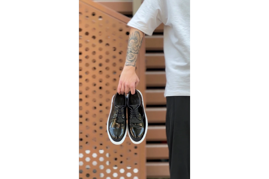 Shoecide Sb0003 Bağcıklı Klasik  Siyah Rugan Yüksek Taban Casual Erkek Ayakkabı