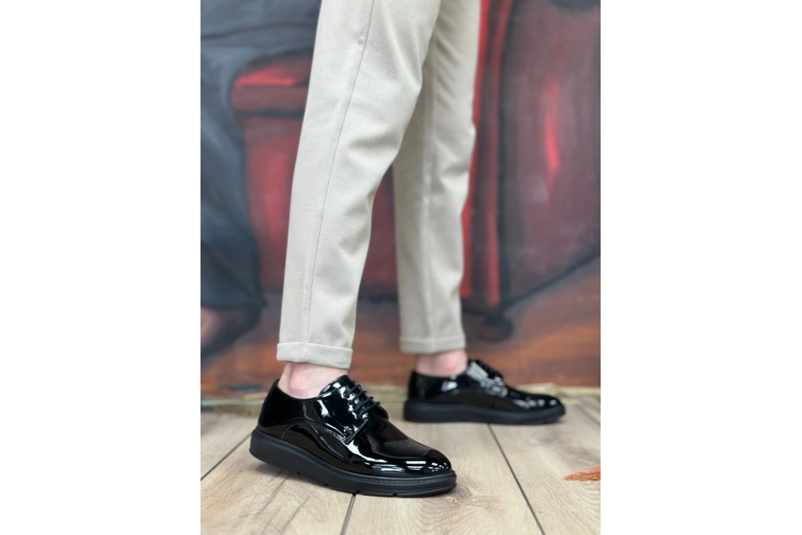 Shoecide Sb0003 Bağcıklı Klasik  Siyah Siyah Taban Rugan Yüksek Taban Casual Erkek Ayakkabı