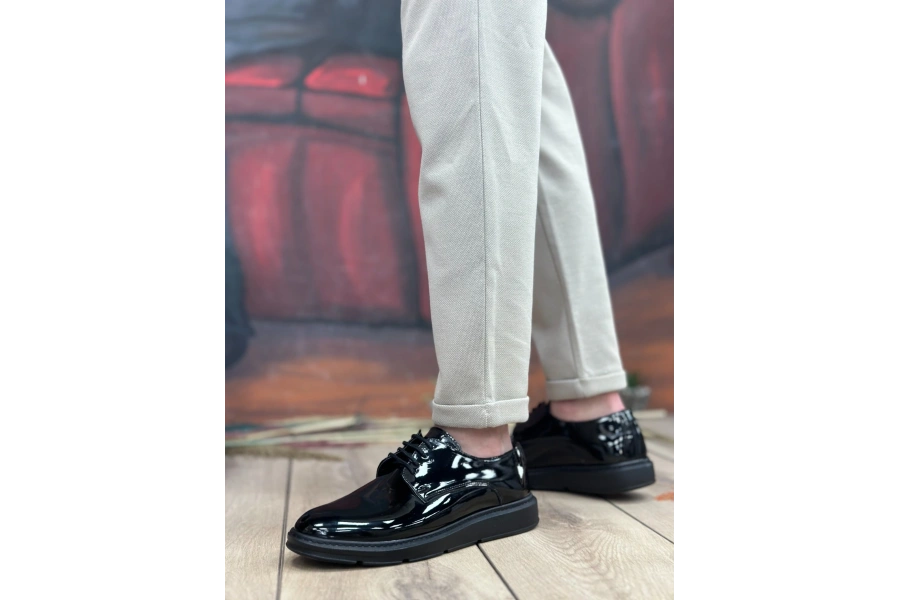Shoecide Sb0003 Bağcıklı Klasik  Siyah Siyah Taban Rugan Yüksek Taban Casual Erkek Ayakkabı