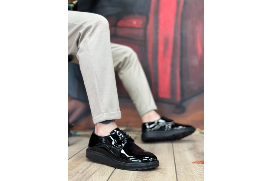 Shoecide Sb0003 Bağcıklı Klasik  Siyah Siyah Taban Rugan Yüksek Taban Casual Erkek Ayakkabı