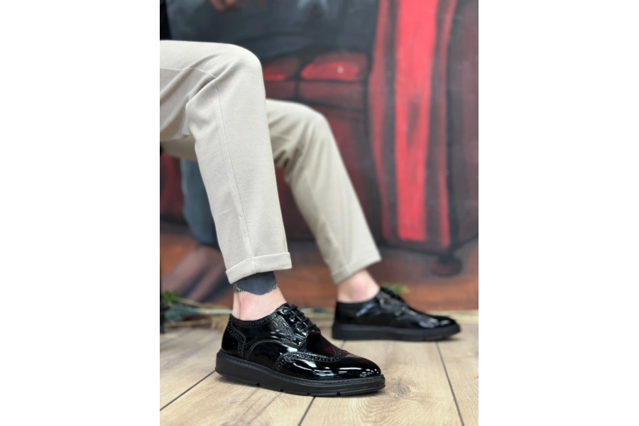 Shoecide Sb0003 Bağcıklı Klasik  Siyah Taban Rugan Yüksek Taban Casual Erkek Ayakkabı