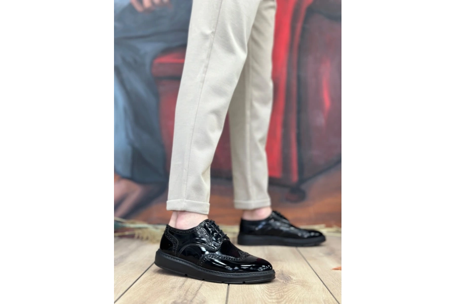 Shoecide Sb0003 Bağcıklı Klasik  Siyah Taban Rugan Yüksek Taban Casual Erkek Ayakkabı