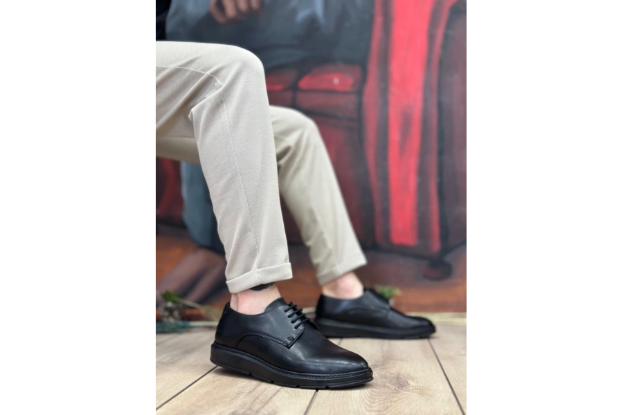 Shoecide Sb0003 Bağcıklı Klasik Siyah Yüksek Siyah Taban Casual Erkek Ayakkabı