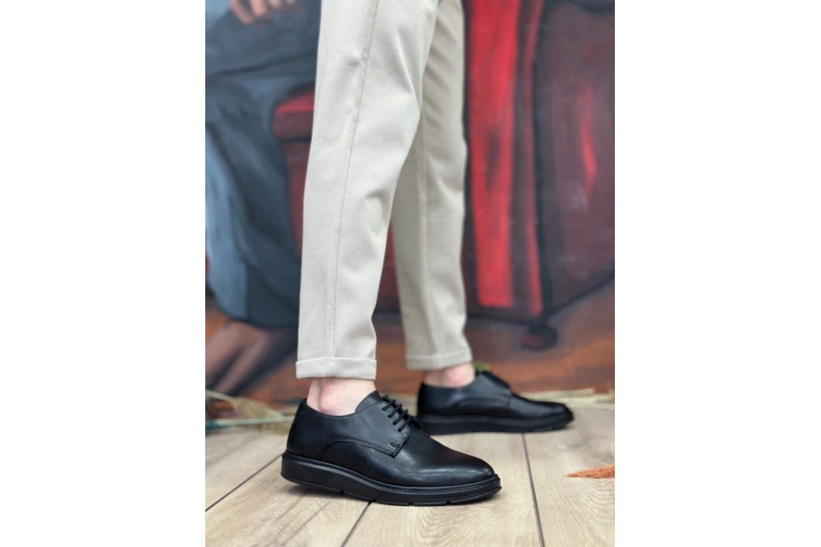 Shoecide Sb0003 Bağcıklı Klasik Siyah Yüksek Siyah Taban Casual Erkek Ayakkabı