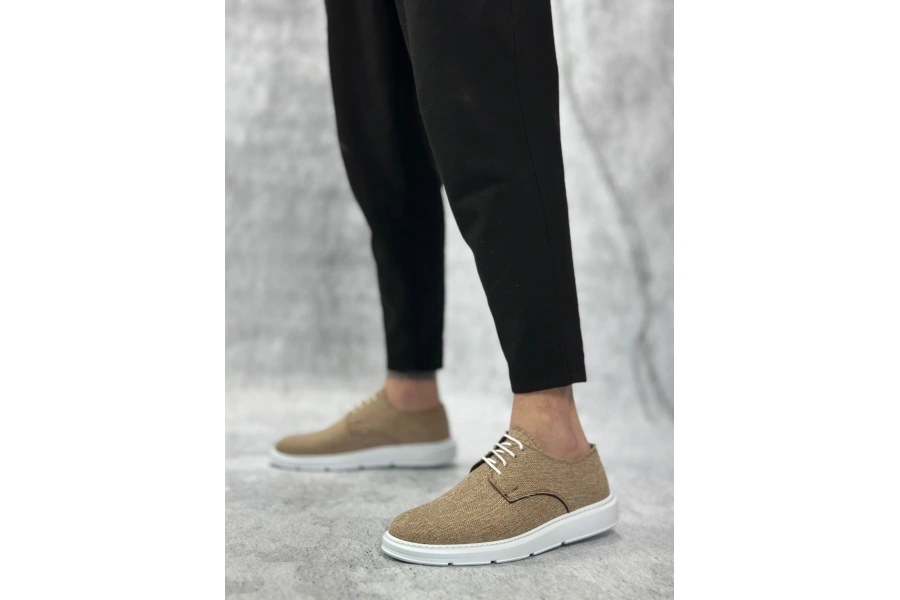 Shoecide Sb0003 Bağcıklı Klasik Spor Keten Hardal Beyaz Taban Casual Erkek Ayakkabı