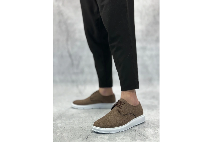 Shoecide Sb0003 Bağcıklı Klasik Spor Keten Kahverengi Beyaz Taban Casual Erkek Ayakkabı