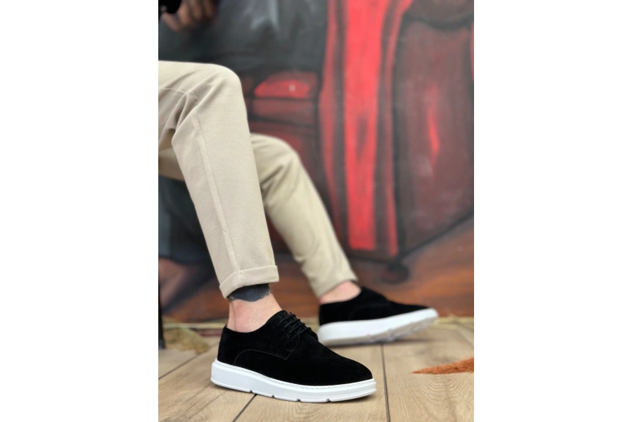 Shoecide Sb0003 Bağcıklı Klasik Spor Süet Siyah Beyaz Yüksek Taban Casual Erkek Ayakkabı