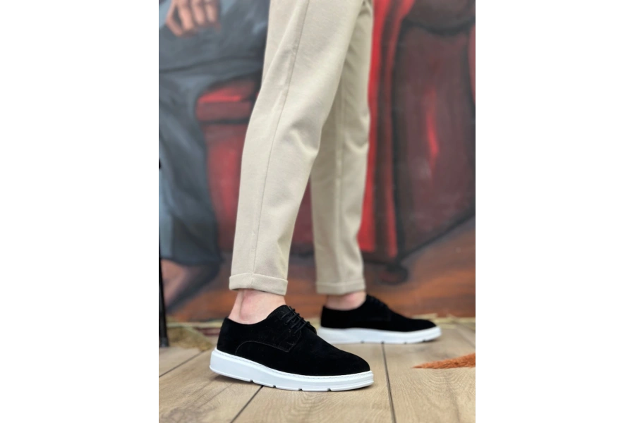 Shoecide Sb0003 Bağcıklı Klasik Spor Süet Siyah Beyaz Yüksek Taban Casual Erkek Ayakkabı