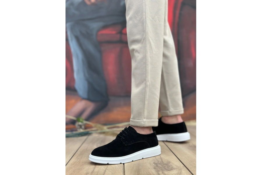 Shoecide Sb0003 Bağcıklı Klasik Spor Süet Siyah Beyaz Yüksek Taban Casual Erkek Ayakkabı
