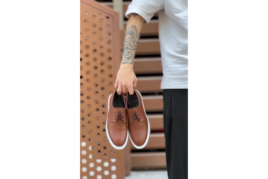 Shoecide Sb0003 Bağcıklı Klasik Taba Beyaz Kalın Taban Casual Erkek Ayakkabı