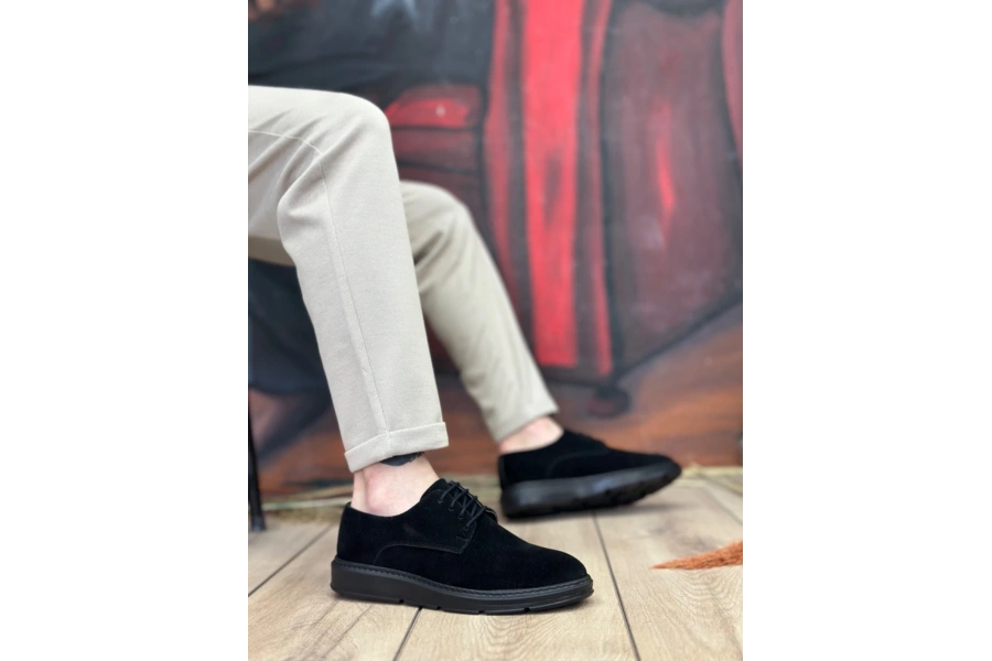 Shoecide Sb0003 Bağcıklı Süet Klasik Siyah Yüksek Taban Casual Erkek Ayakkabı