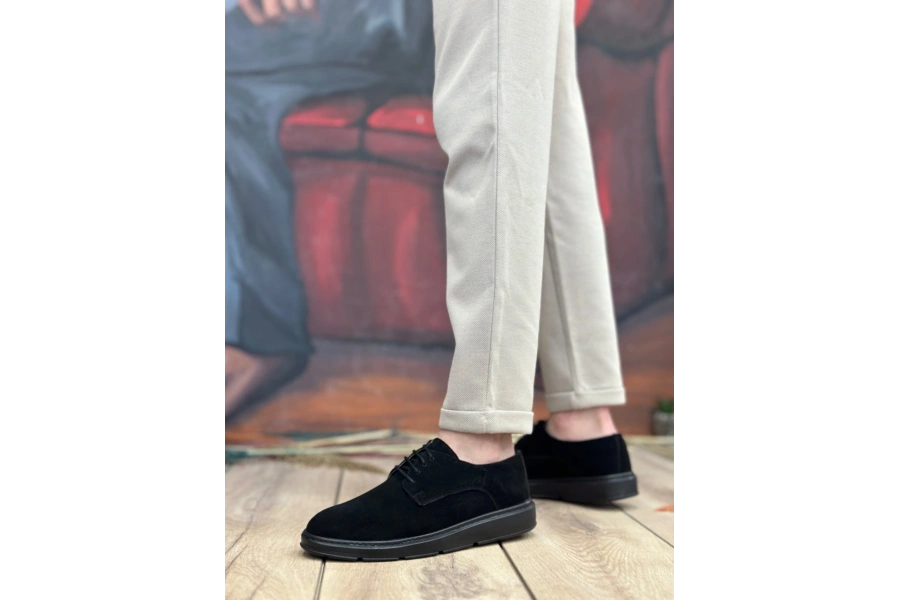Shoecide Sb0003 Bağcıklı Süet Klasik Siyah Yüksek Taban Casual Erkek Ayakkabı