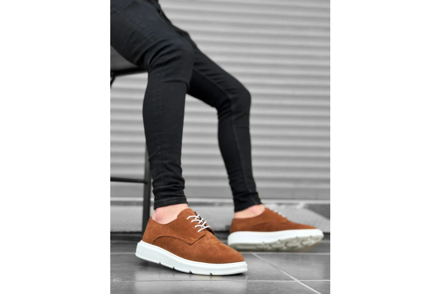 Shoecide Sb0003 Bağcıklı Süet Klasik Taba Beyaz Yüksek Taban Casual Erkek Ayakkabı