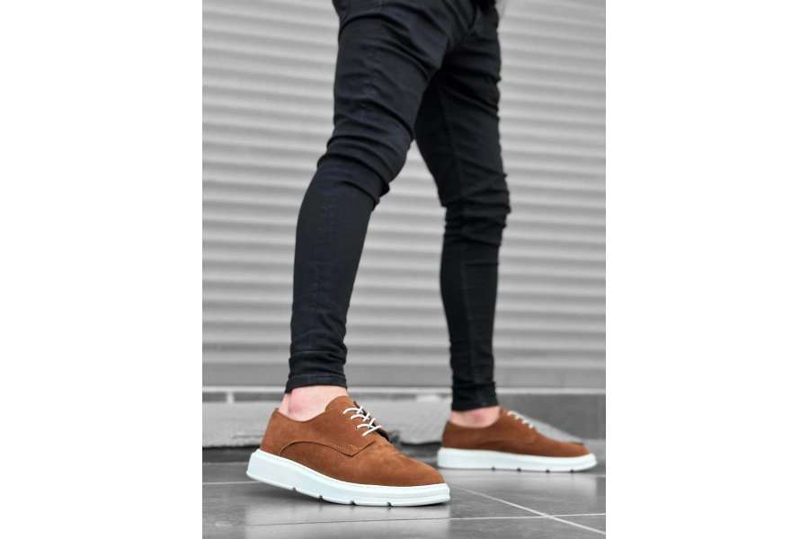 Shoecide Sb0003 Bağcıklı Süet Klasik Taba Beyaz Yüksek Taban Casual Erkek Ayakkabı