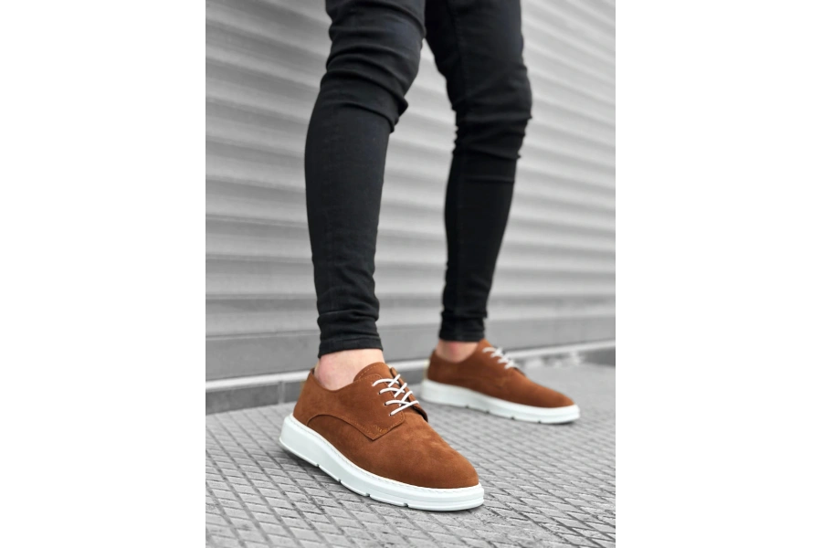 Shoecide Sb0003 Bağcıklı Süet Klasik Taba Beyaz Yüksek Taban Casual Erkek Ayakkabı