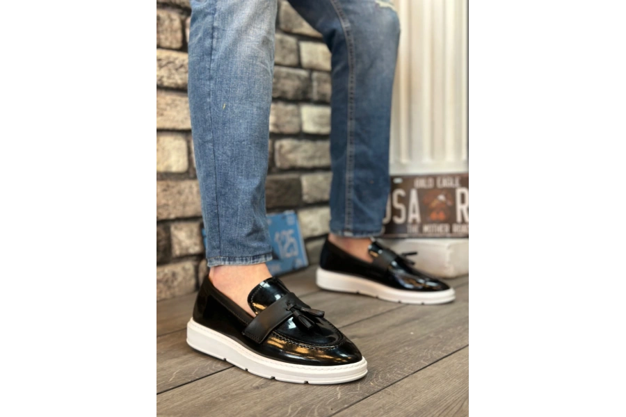 Shoecide Sb0005 Bağcıksız Yüksek Beyaz Taban Klasik Rugan Püsküllü Corcik Erkek Ayakkabı