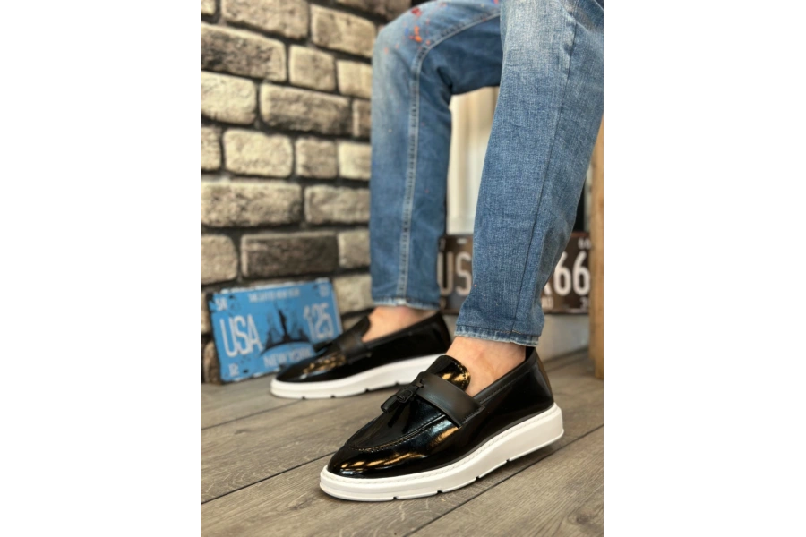Shoecide Sb0005 Bağcıksız Yüksek Beyaz Taban Klasik Rugan Püsküllü Corcik Erkek Ayakkabı