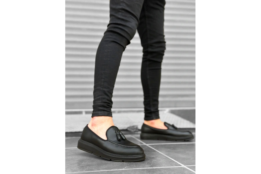 Shoecide Sb0005 Bağcıksız Yüksek Siyah Taban Klasik Cilt Deri Püsküllü Corcik Erkek Ayakkabı
