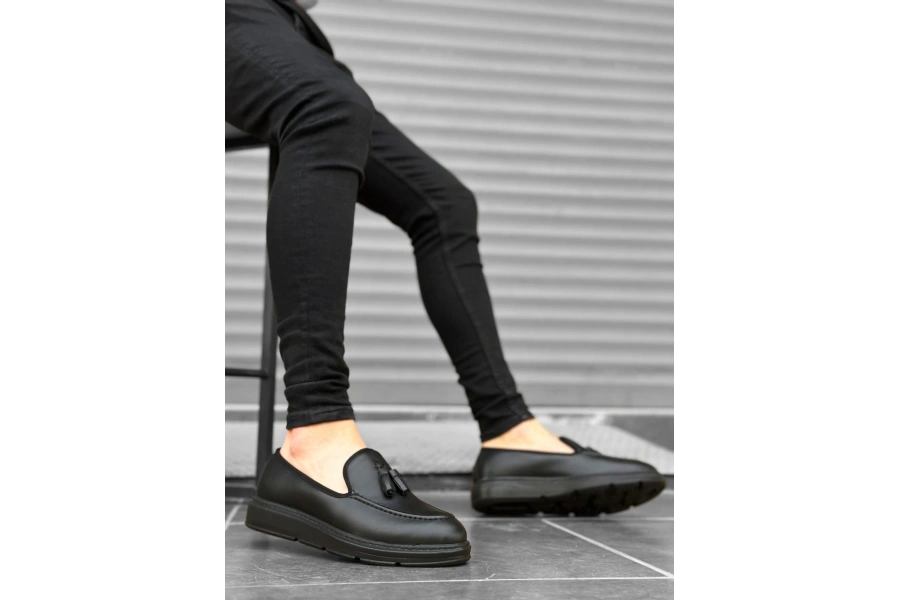 Shoecide Sb0005 Bağcıksız Yüksek Siyah Taban Klasik Cilt Deri Püsküllü Corcik Erkek Ayakkabı