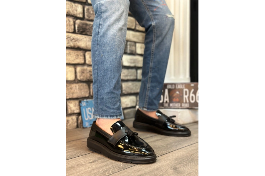 Shoecide Sb0005 Bağcıksız Yüksek Siyah Taban Klasik Rugan Püsküllü Corcik Erkek Ayakkabı