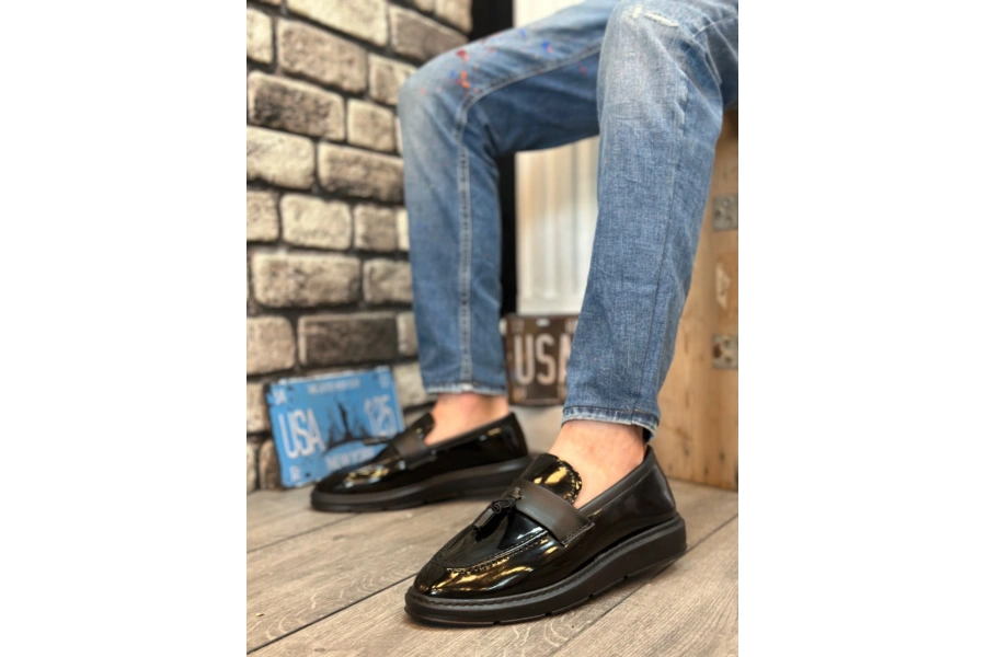 Shoecide Sb0005 Bağcıksız Yüksek Siyah Taban Klasik Rugan Püsküllü Corcik Erkek Ayakkabı