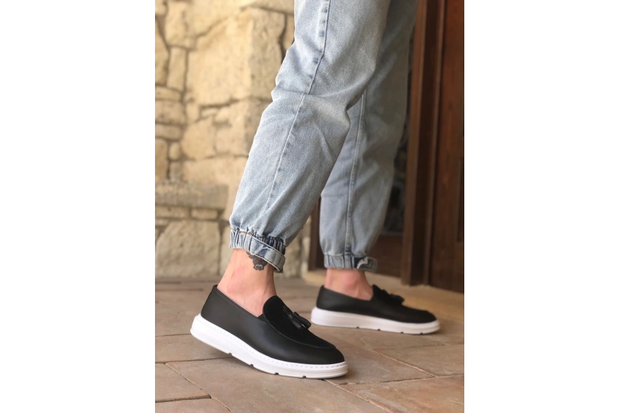 Shoecide Sb0005 Bağcıksız Yüksek Taban Beyaz Taban Klasik Aynalı Süet Detaylı Püsküllü Corcik Erkek Ayakkabı