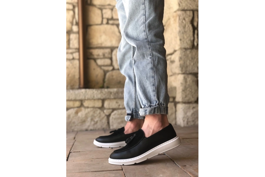 Shoecide Sb0005 Bağcıksız Yüksek Taban Beyaz Taban Klasik Aynalı Süet Detaylı Püsküllü Corcik Erkek Ayakkabı
