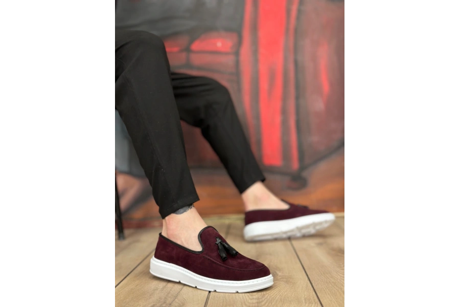 Shoecide Sb0005 Bağcıksız Yüksek Taban Bordo Süet Klasik Püsküllü Corcik Erkek Ayakkabı