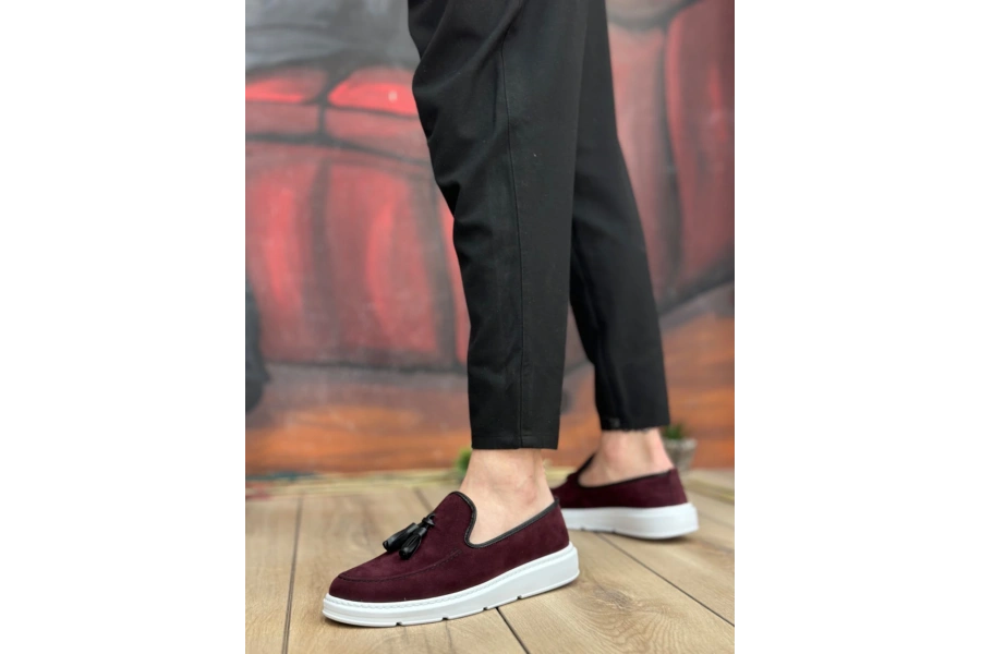 Shoecide Sb0005 Bağcıksız Yüksek Taban Bordo Süet Klasik Püsküllü Corcik Erkek Ayakkabı