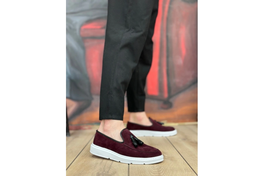 Shoecide Sb0005 Bağcıksız Yüksek Taban Bordo Süet Klasik Püsküllü Corcik Erkek Ayakkabı