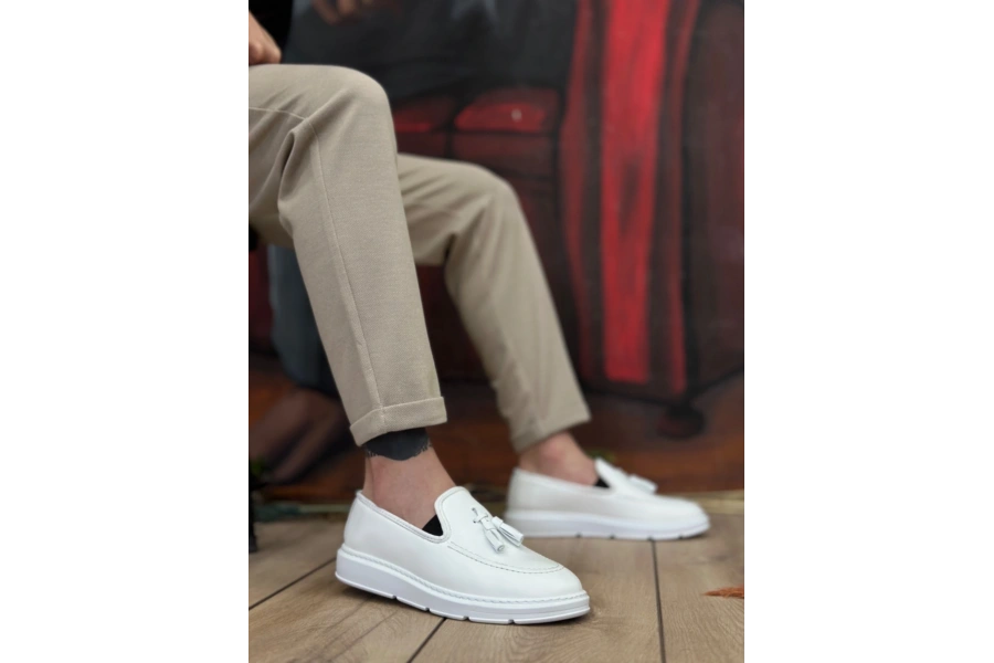 Shoecide Sb0005 Bağcıksız Yüksek Taban Klasik Beyaz Püsküllü Erkek Ayakkabı