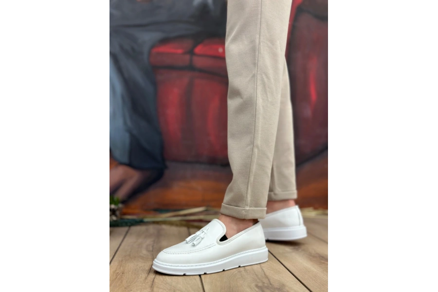 Shoecide Sb0005 Bağcıksız Yüksek Taban Klasik Beyaz Püsküllü Erkek Ayakkabı