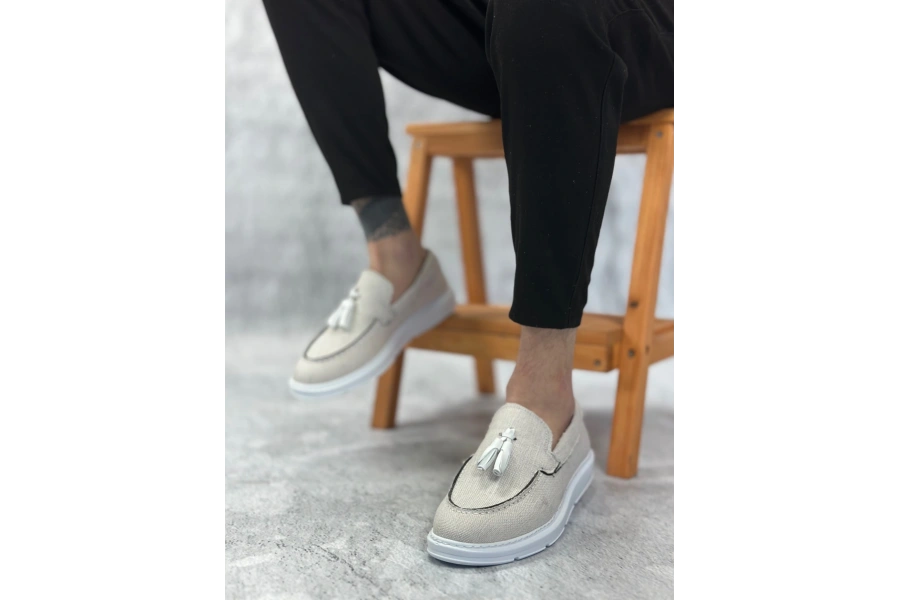 Shoecide Sb0005 Bağcıksız Yüksek Taban Klasik Keten Beyaz Püsküllü Erkek Ayakkabı