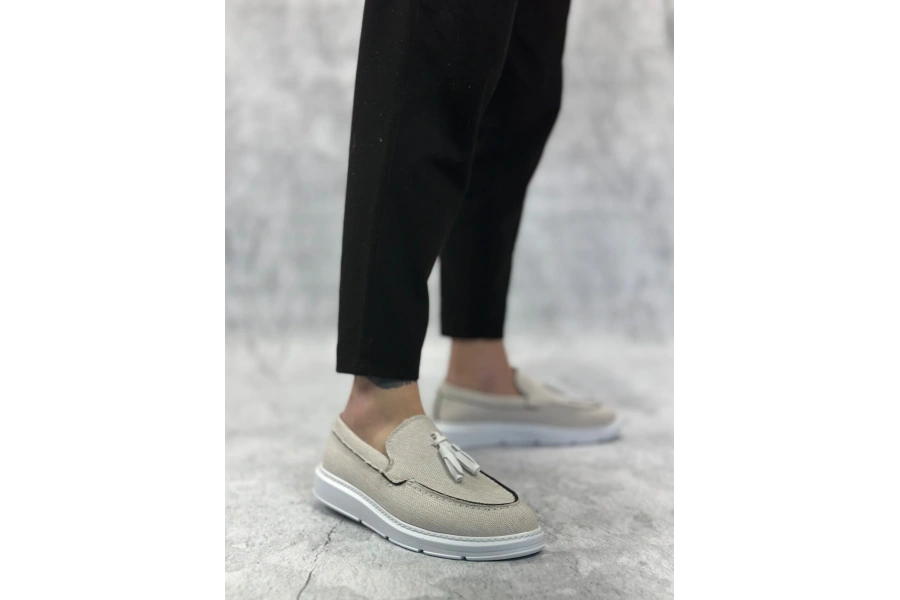 Shoecide Sb0005 Bağcıksız Yüksek Taban Klasik Keten Beyaz Püsküllü Erkek Ayakkabı