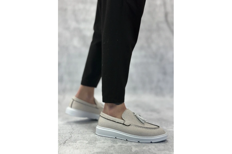 Shoecide Sb0005 Bağcıksız Yüksek Taban Klasik Keten Beyaz Püsküllü Erkek Ayakkabı