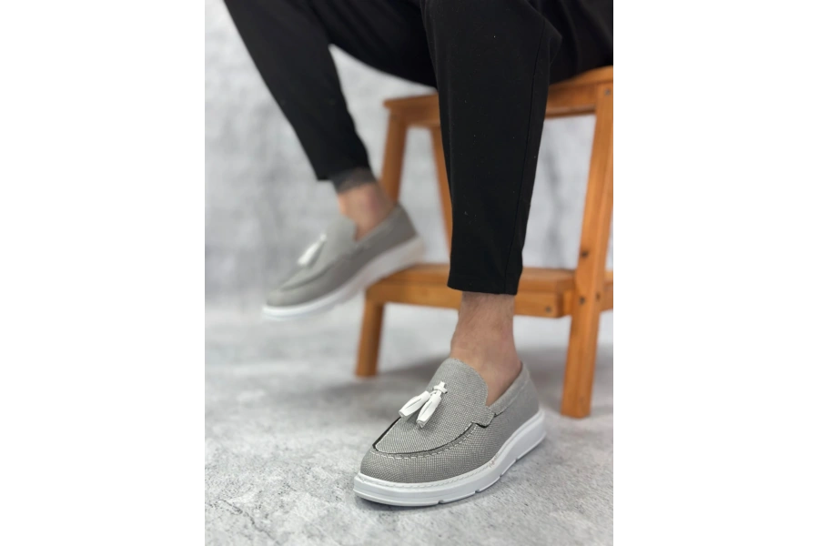 Shoecide Sb0005 Bağcıksız Yüksek Taban Klasik Keten Füme Püsküllü Erkek Ayakkabı