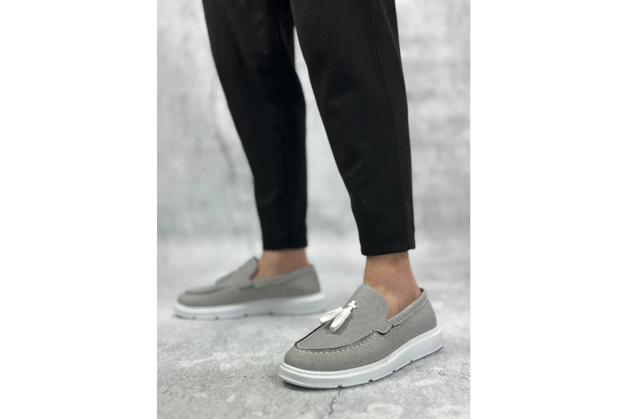 Shoecide Sb0005 Bağcıksız Yüksek Taban Klasik Keten Füme Püsküllü Erkek Ayakkabı