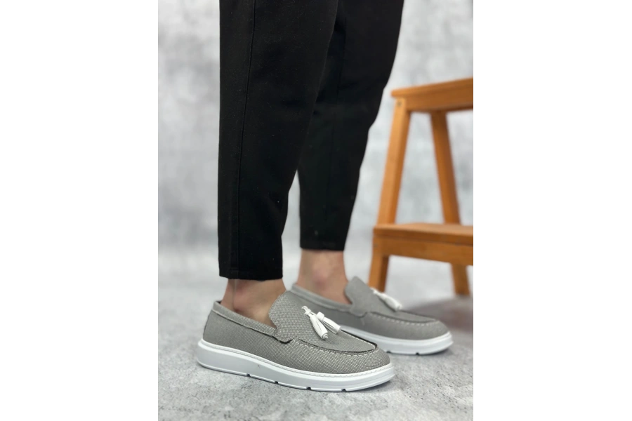 Shoecide Sb0005 Bağcıksız Yüksek Taban Klasik Keten Füme Püsküllü Erkek Ayakkabı