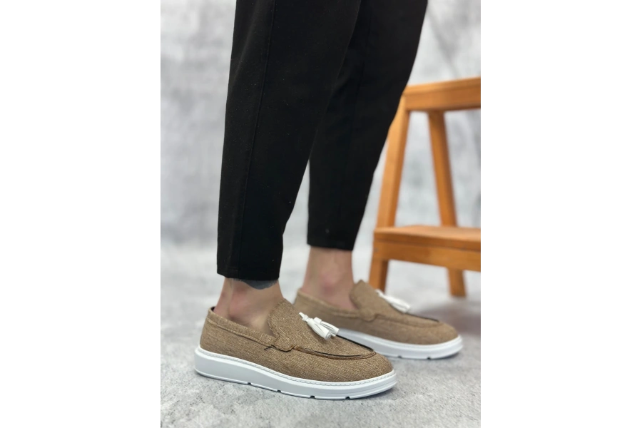 Shoecide Sb0005 Bağcıksız Yüksek Taban Klasik Keten Hardal Püsküllü Erkek Ayakkabı